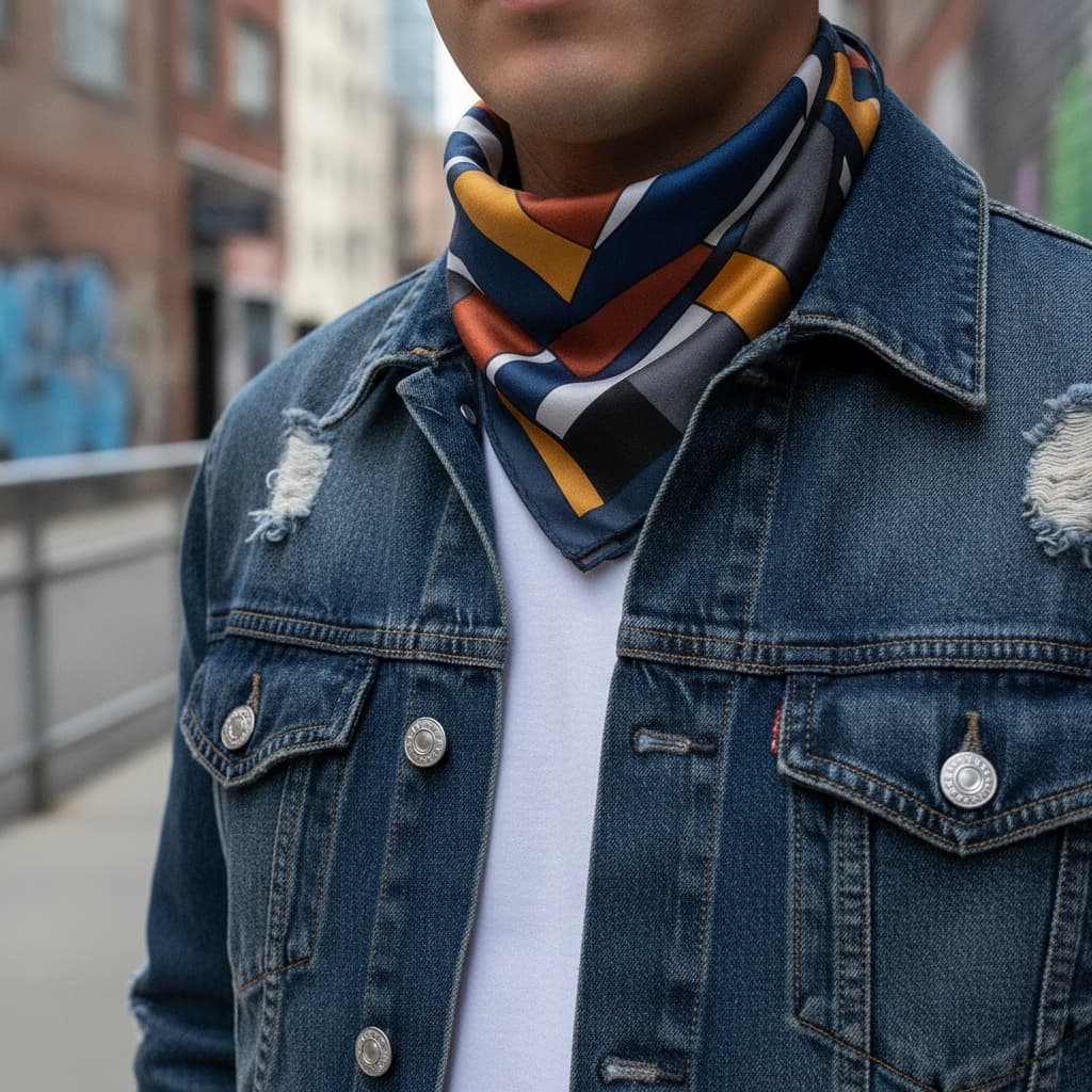Un carré de soie à motif géométrique asymétrique est porté plié en triangle près du cou avec une veste en jean.