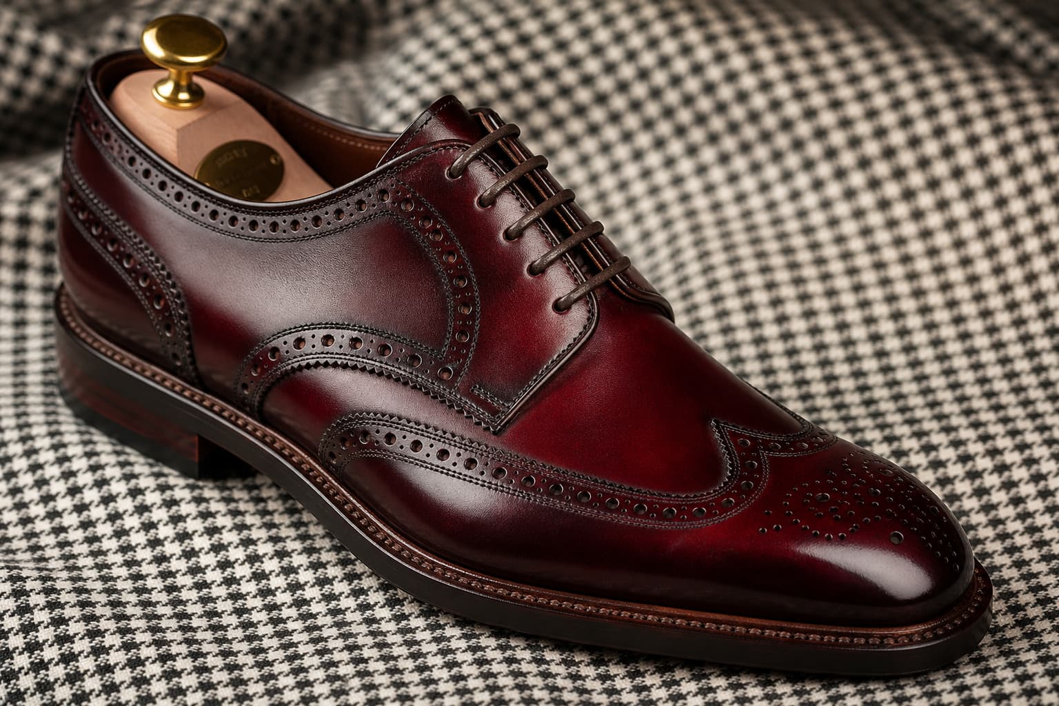 Une chaussure derby brogue en cuir bordeaux patiné repose sur un tissu pied-de-poule sous un éclairage studio.