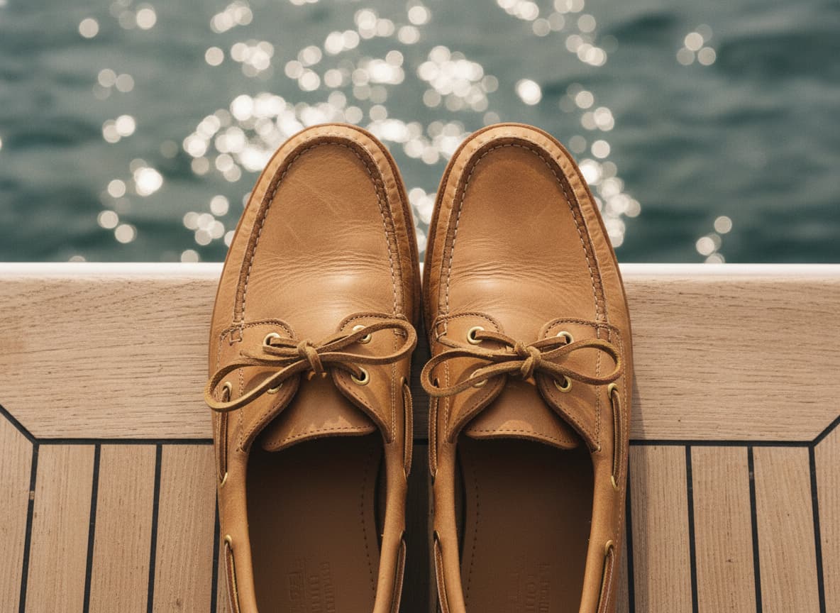 Vue de dessus de chaussures bateau en cuir marron clair avec lacets en cuir brut, posées sur le bord d