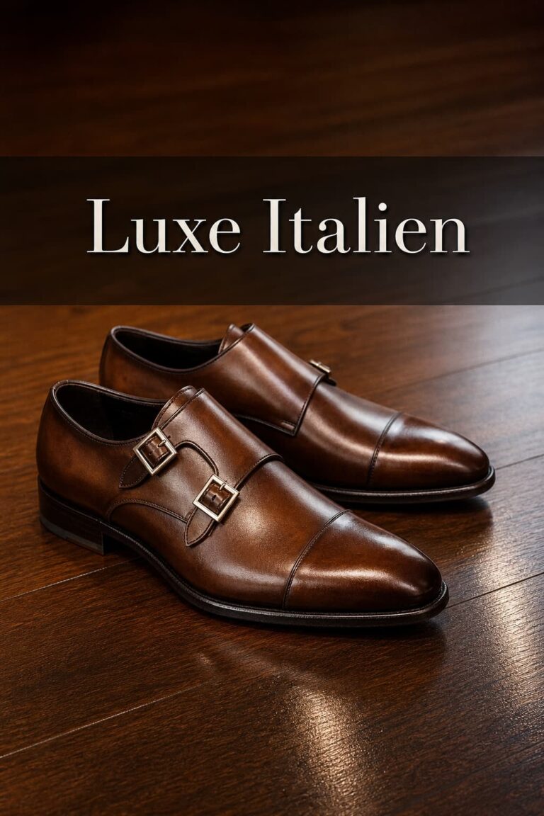 Une paire de chaussures en cuir marron posée sur un parquet sombre avec le texte Luxe Italien en superposition.
