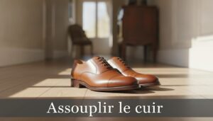 Deux chaussures en cuir marron neuves posées sur un parquet en bois dans un couloir ensoleillé, avec un bandeau semi-transparent en bas portant le texte 'Assouplir le cuir'.