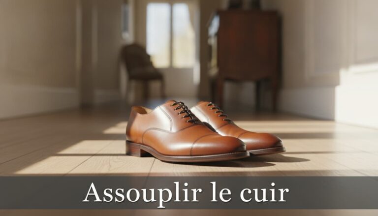 Deux chaussures en cuir marron neuves posées sur un parquet en bois dans un couloir ensoleillé, avec un bandeau semi-transparent en bas portant le texte 'Assouplir le cuir'.