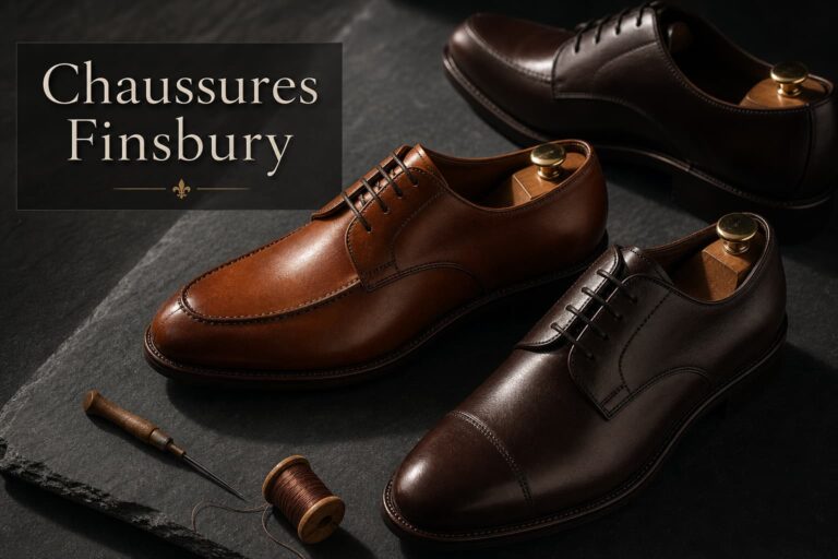 Des chaussures habillées pour homme en cuir cognac et marron foncé, de type oxford et derby, disposées sur une surface en ardoise avec un éclairage doux créant de longues ombres, et le texte 'Chaussures Finsbury' en superposition.