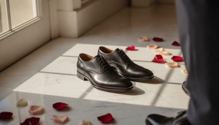 Des chaussures de ville en cuir noir posées sur un sol en marbre avec des pétales de rose et le bas d'un pantalon de costume flou en arrière-plan.