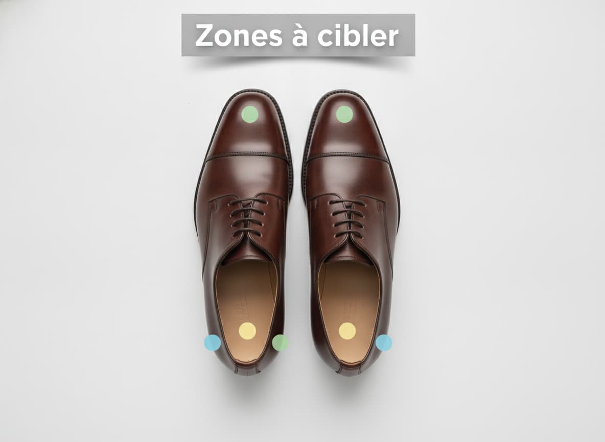 Paire de chaussures Oxford en cuir marron foncé vues de dessus sur fond blanc, avec de petits marqueurs colorés indiquant les zones de pression au talon, aux orteils et au cou-de-pied, et le texte