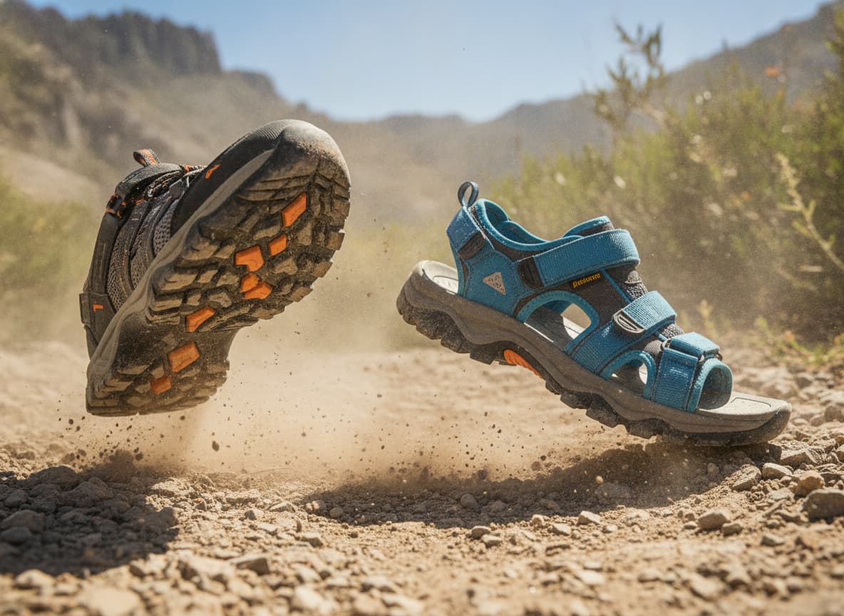 Chaussures de trail respirantes et sandales outdoor en mesh posées sur un sentier rocheux de montagne avec de la poussière soulevée sous un soleil éclatant.