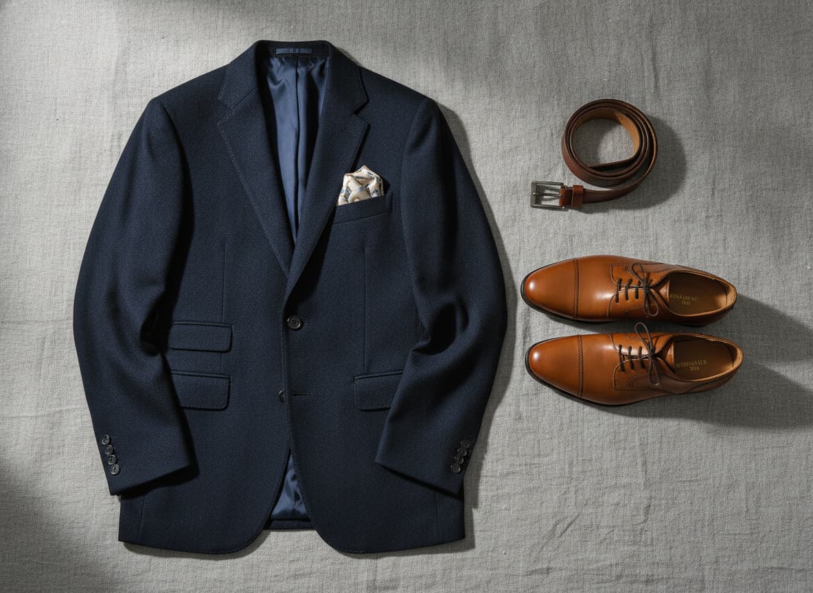 Un costume bleu marine, des chaussures en cuir cognac, une ceinture assortie et une pochette blanche disposés à plat sur un linge en lin gris clair.