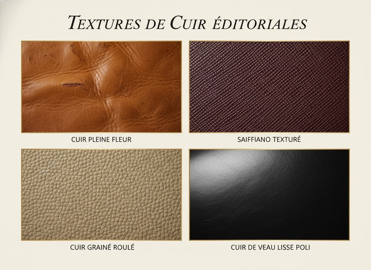Collage de quatre photos macro montrant différentes textures de cuir avec des étiquettes en français.