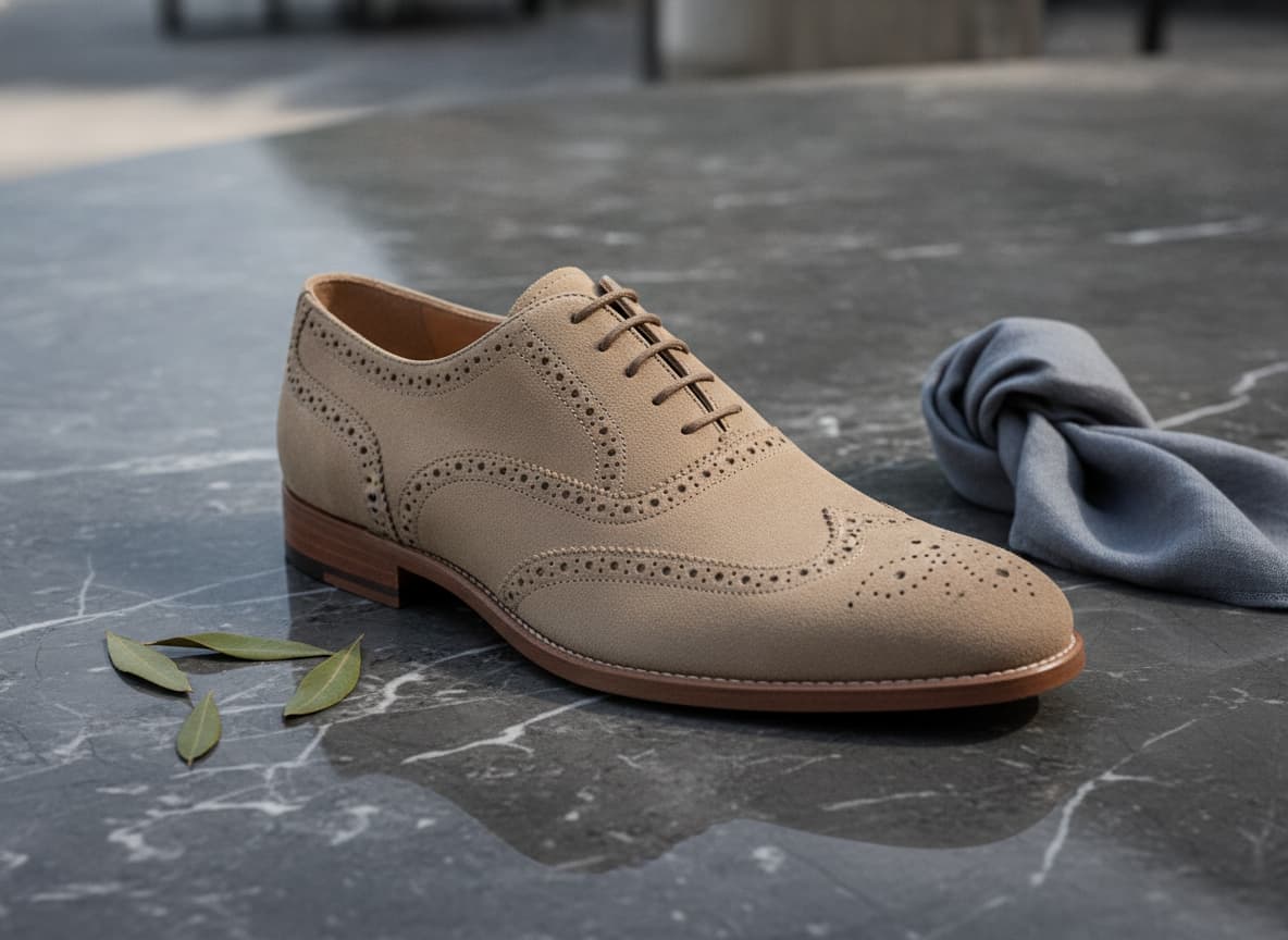 Un derby pour homme en daim sable clair avec des perforations brogue repose sur une surface en marbre foncé sous un éclairage de studio doux.