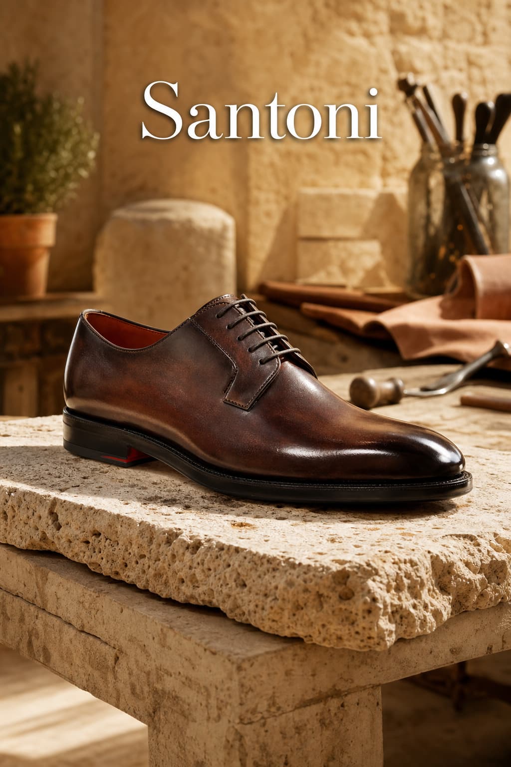 Chaussure derby en cuir marron patiné posée sur une pierre de travertin avec le texte Santoni.