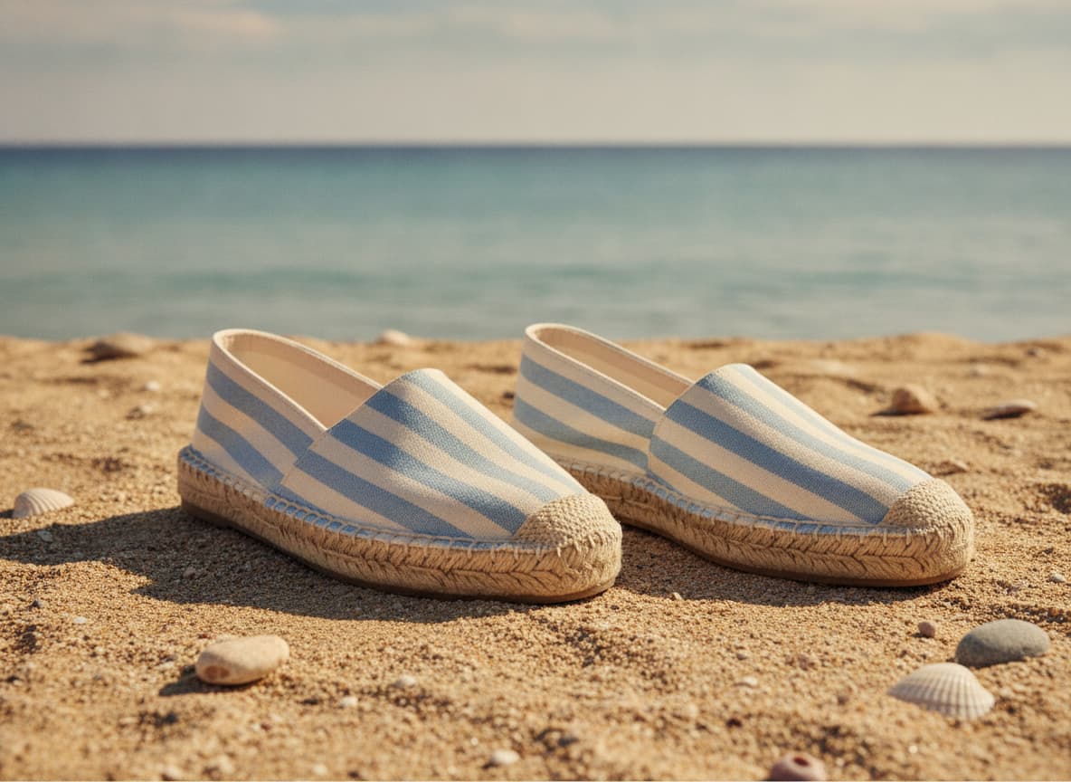 Des espadrilles en toile avec semelles de corde posées sur du sable fin sous une lumière estivale douce.