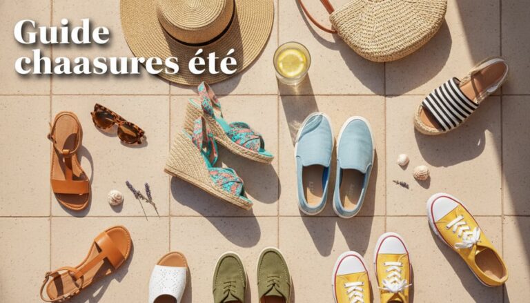 Un flat lay d'espadrilles, baskets en toile et sandales en cuir élégant sur un sol de terrasse méditerranéenne inondé de lumière naturelle, avec le texte superposé Guide chaussures été et son ombre portée.