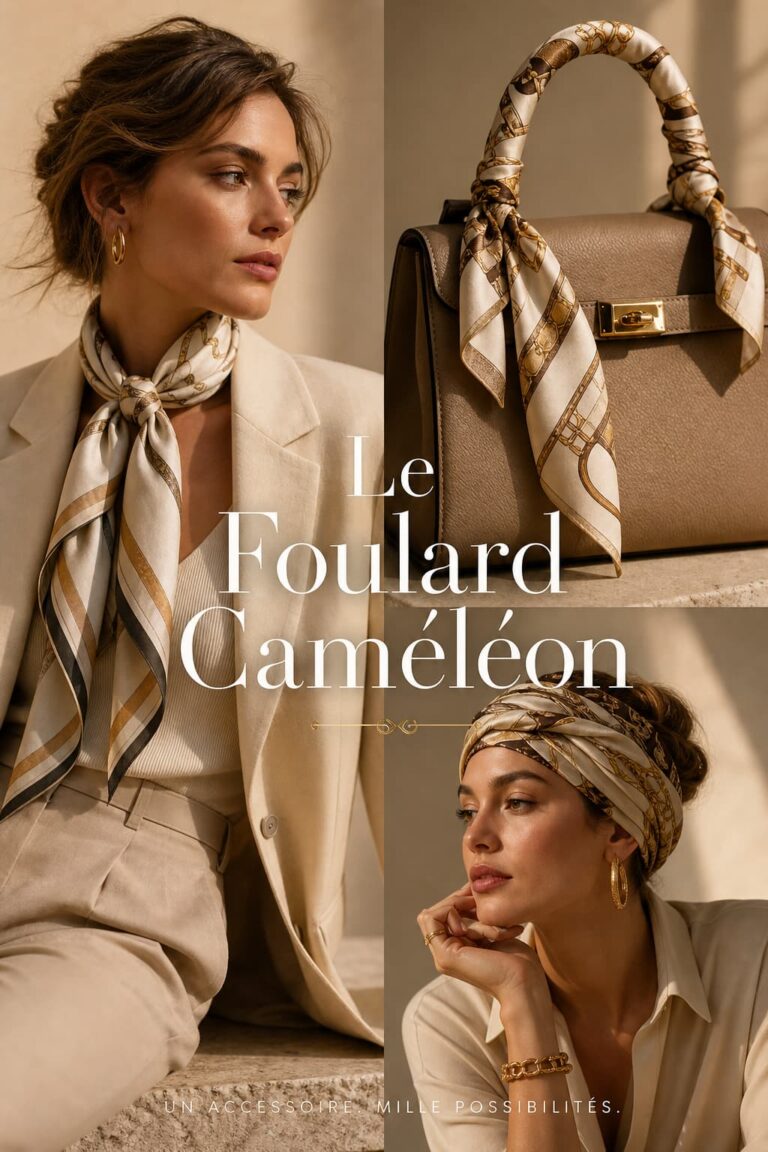 Un collage éditorial montrant trois façons de porter un foulard : noué autour du cou, enroulé sur une anse de sac à main et stylisé en turban pour les cheveux, sur fond beige doux avec un éclairage doré et le texte 'Le Foulard Caméléon' en typographie sérif élégante.