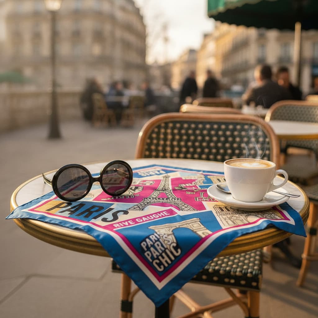 Un foulard en soie carré imprimé de typographie parisienne et de croquis de monuments, posé sur une table de bistrot à côté de lunettes de soleil et d