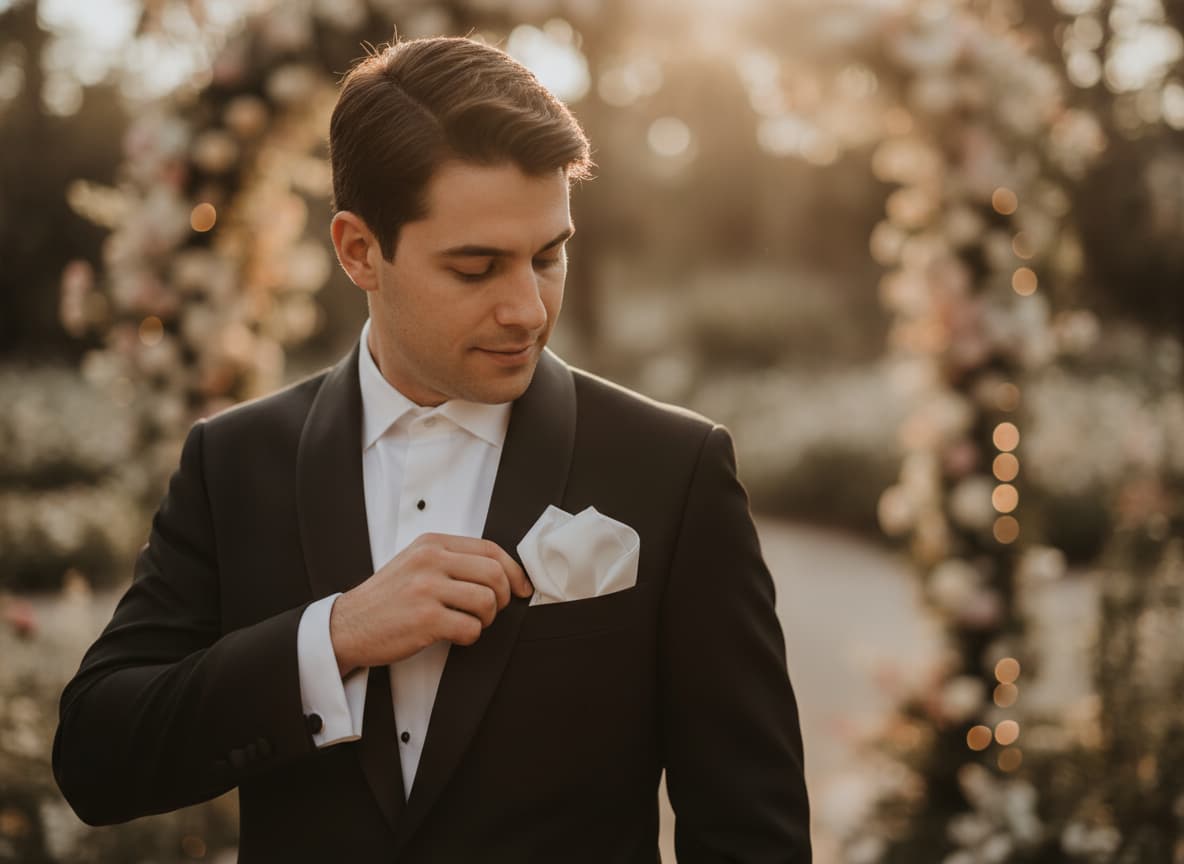 Un jeune marié en smoking noir classique touche délicatement son mouchoir de poche blanc en soie dans un jardin botanique baigné de lumière dorée avec un arrière-plan flou de décorations florales.