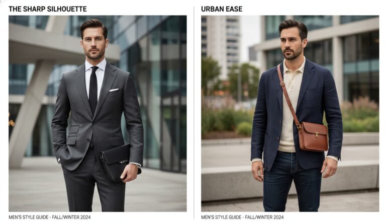 Photographie éditoriale split-screen montrant à gauche un homme en costume gris tenant une pochette en cuir et à droite un homme en blazer bleu et jean avec un sac en bandoulière en cuir marron, décor urbain moderne avec bokeh.