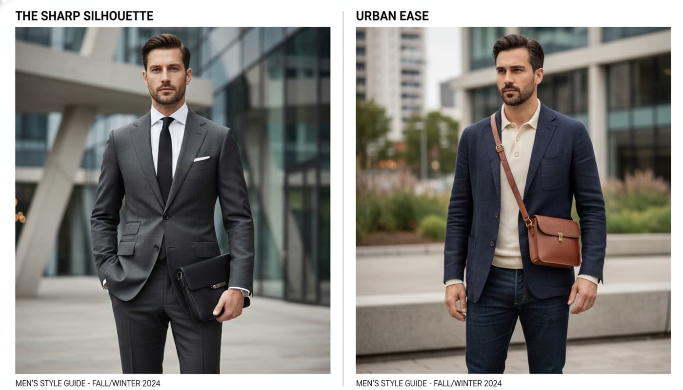 Photographie éditoriale split-screen montrant à gauche un homme en costume gris tenant une pochette en cuir et à droite un homme en blazer bleu et jean avec un sac en bandoulière en cuir marron, décor urbain moderne avec bokeh.