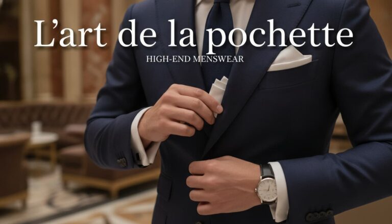 Plan rapproché d'un homme en costume bleu marine ajustant une pochette de soie blanche dans sa poche poitrine, lumière chaude, arrière-plan flou de hall d'hôtel de luxe, et texte 'L'art de la pochette' avec ombre portée.
