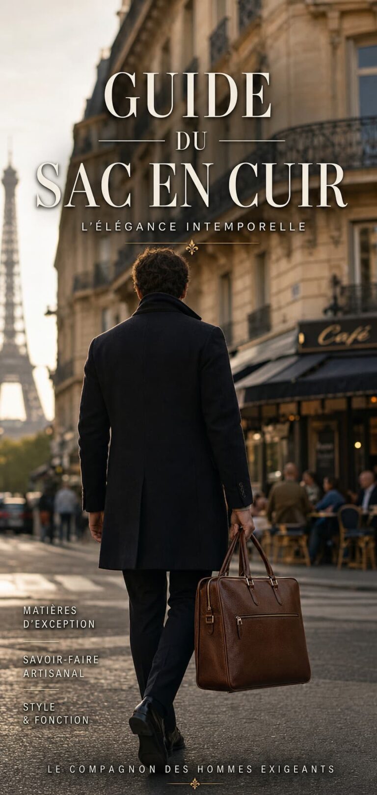 Homme élégant vu de dos marchant dans une rue parisienne floutée, portant une mallette en cuir, avec éclairage chaleureux et texte 'Guide du sac en cuir' superposé.