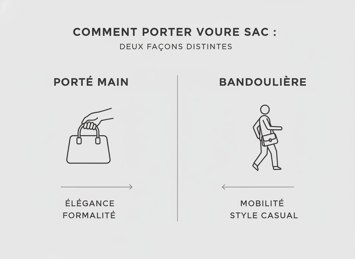Infographie minimaliste comparant deux façons de porter un sac : porté main et bandoulière, avec icônes et textes en français sur fond neutre.