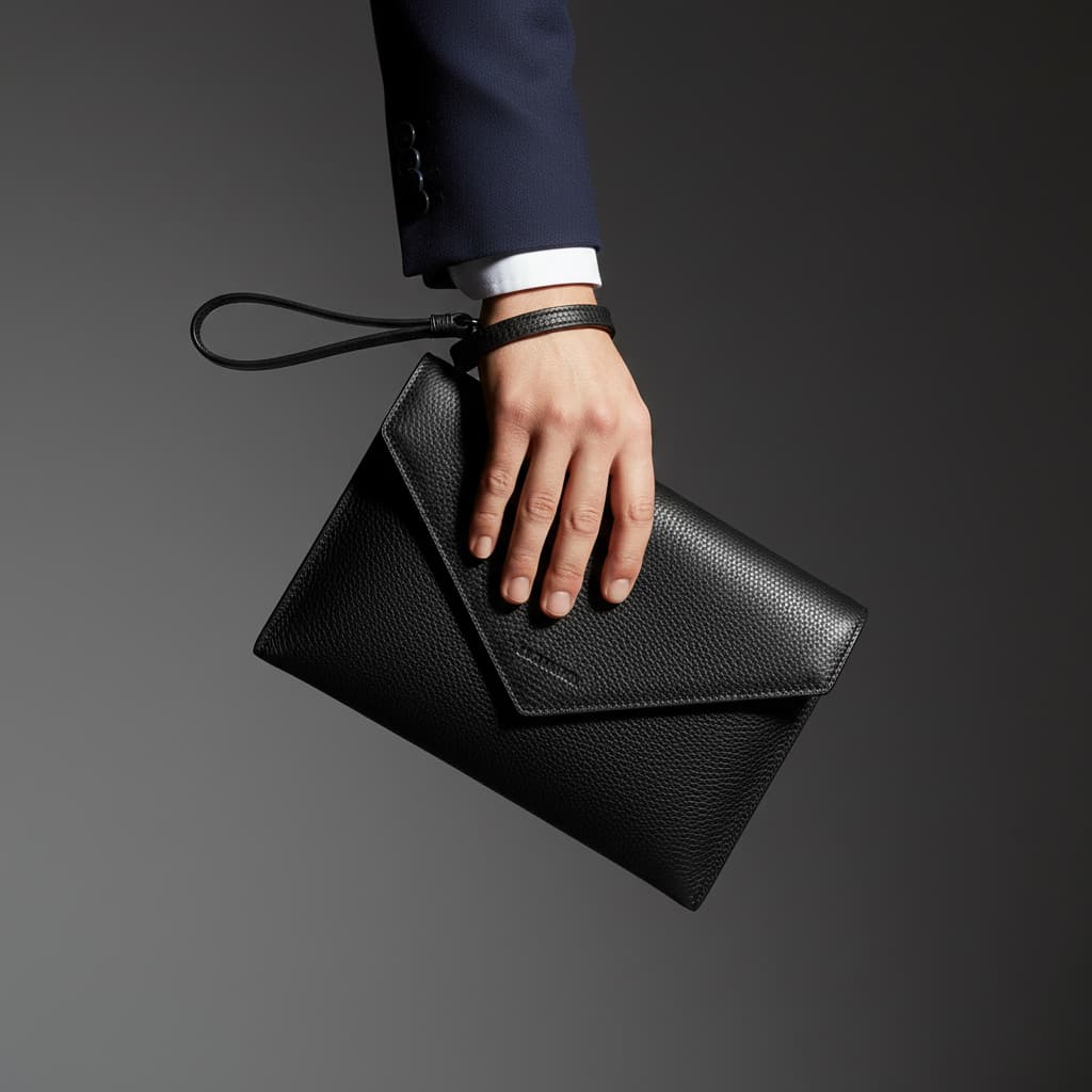 Un bracelet en cuir de veau grainé noir tenu par une main vêtue d'une manche de chemise blanche et d'un blazer bleu marine.