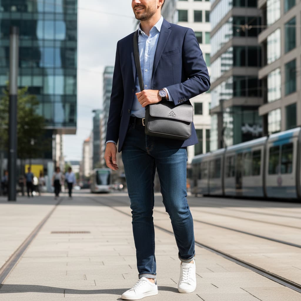 Homme portant un sac en bandoulière en cuir noir et toile, dans une rue urbaine moderne avec une architecture contemporaine.