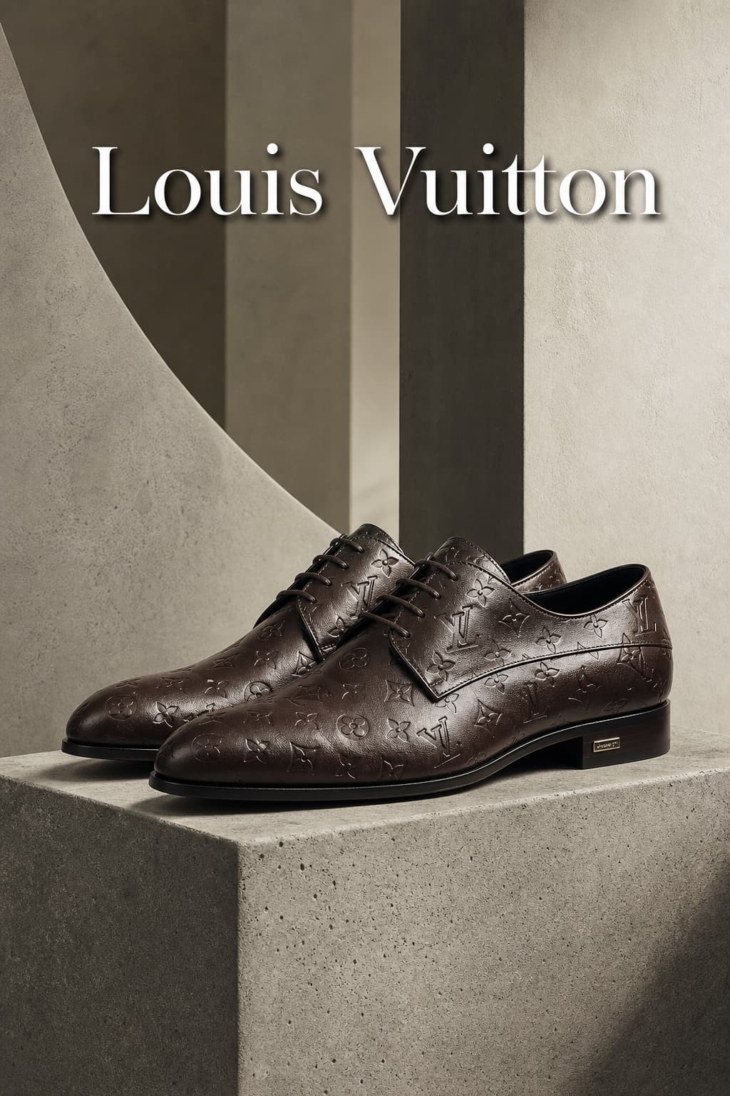 Chaussures en cuir Louis Vuitton pour homme sur un socle en béton poli, éclairage de studio créant des ombres dramatiques, cuir embossé du monogramme et texte