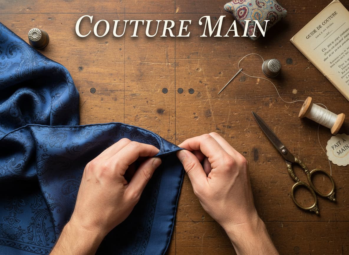 Vue de dessus de mains roulant l'ourlet d'un carré de soie sur une table en bois avec aiguille et fil, texte 'COUTURE MAIN' superposé.