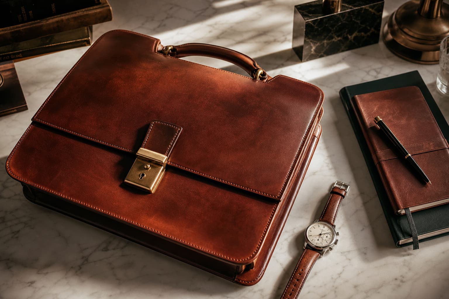 Mallette en cuir marron et montre de luxe disposés sur un bureau en marbre