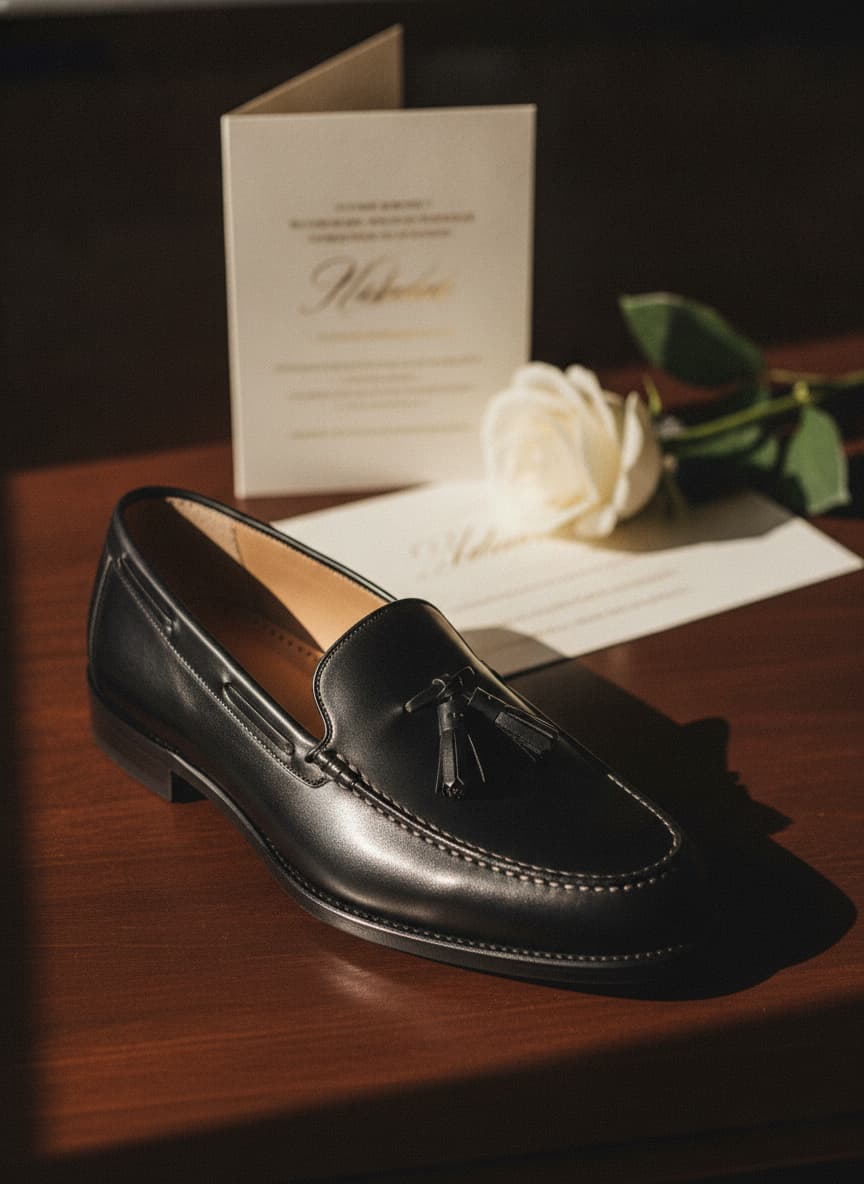 Un mocassin à glands en cuir noir, présenté de trois quarts sur une surface en bois foncé, avec un éclairage latéral dramatique créant des ombres élégantes qui soulignent la texture du cuir et les détails de couture, tandis qu