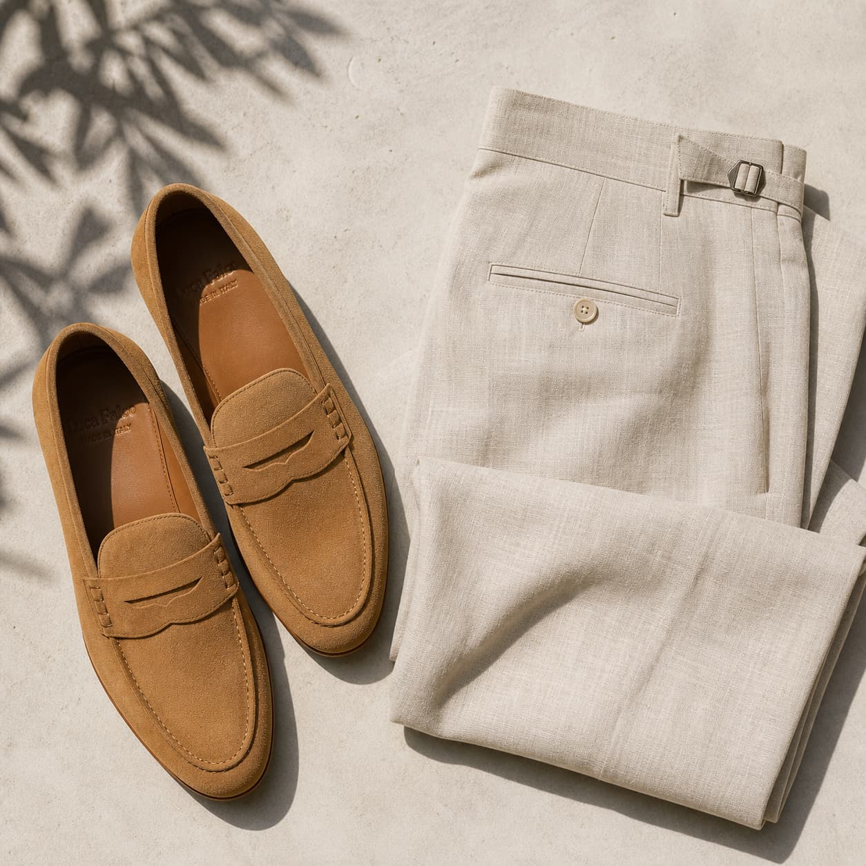 Un mocassin penny classique en daim souple de couleur camel chaude, posé négligemment à côté d