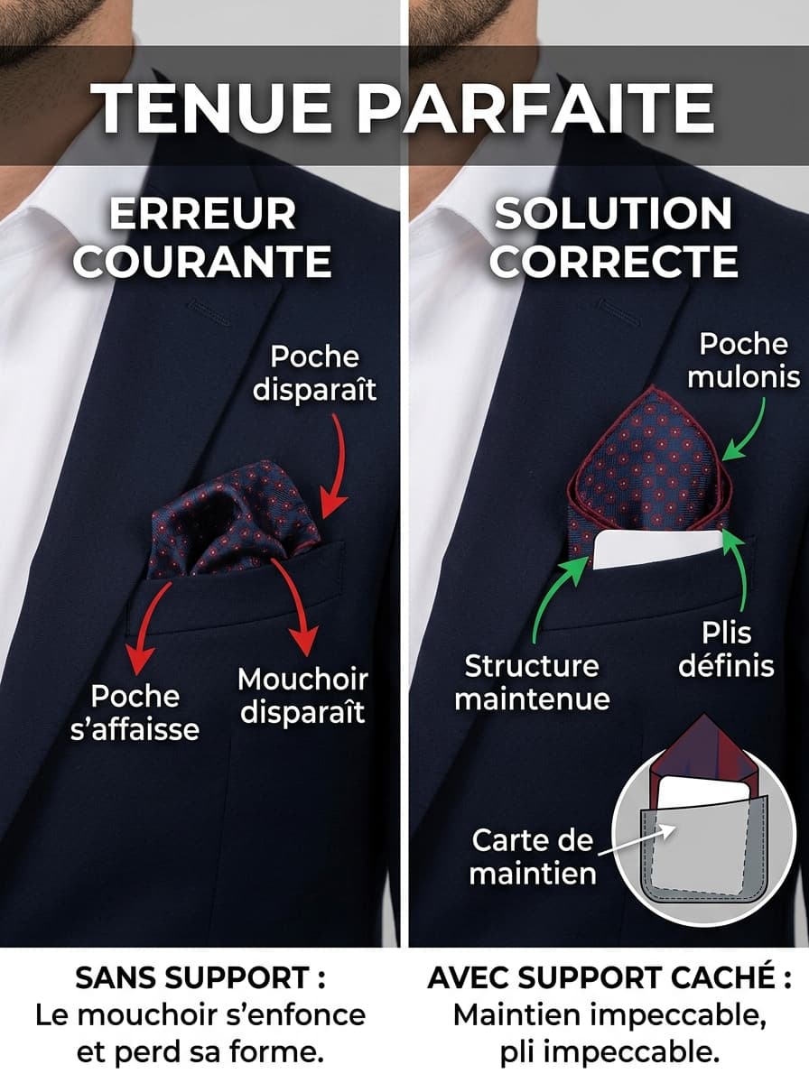 Comparaison côte à côte montrant à gauche une pochette de costume blanche qui s'affaisse dans la poche d'une veste grise, et à droite une pochette impeccablement droite et maintenue sous laquelle est écrit le texte TENUE PARFAITE.
