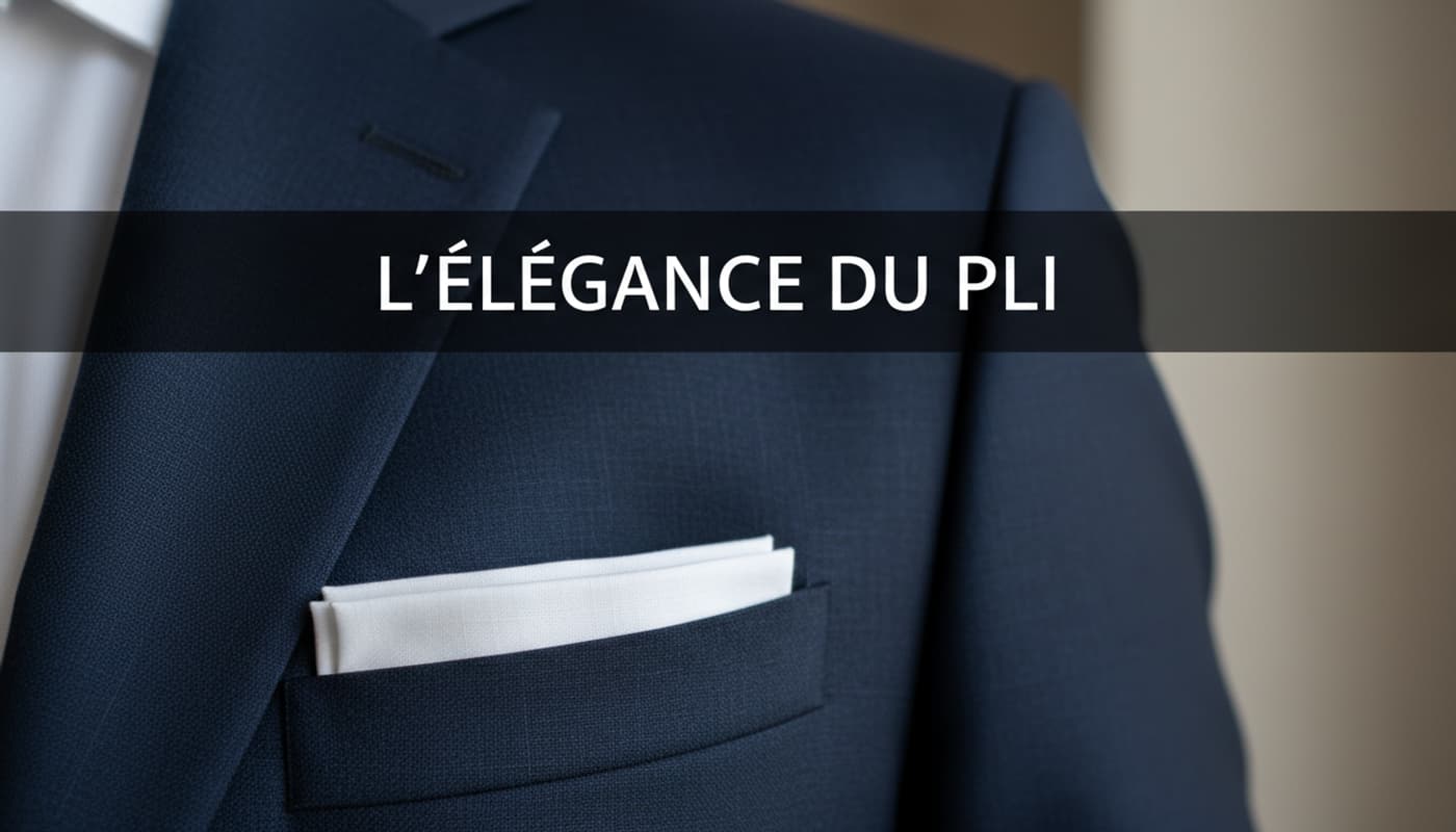Gros plan éditorial d'une pochette de costume en laine bleu marine avec un carré de lin blanc plié en pointe, éclairé par une lumière douce naturelle, fond flou.