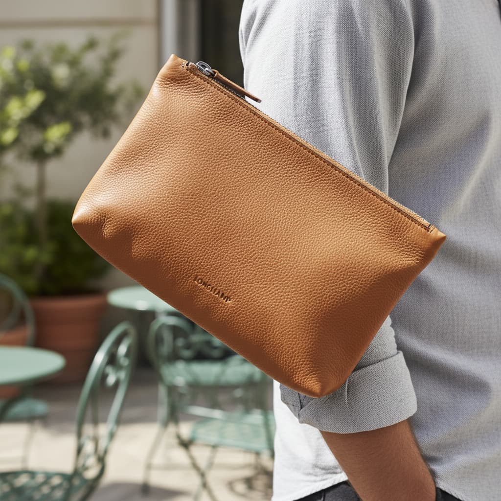 Une pochette en cuir foulonné de couleur fauve glissée sous le bras d'un homme, mettant en valeur la souplesse du cuir, avec une terrasse parisienne floue en arrière-plan.