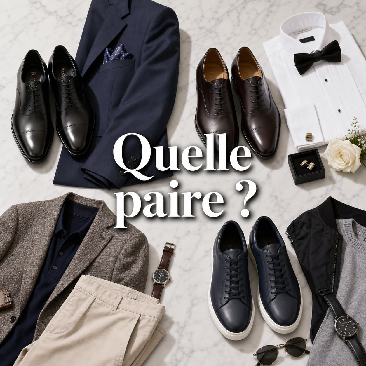 Quatre paires de chaussures pour hommes disposées sur une surface en marbre avec des éléments de tenues correspondants et le texte superposé Quelle paire.