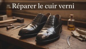 Des chaussures en cuir verni noir au bout usé posées sur un établi de cordonnier avec des outils floutés en arrière-plan et le texte 'Réparer le cuir verni' en surimpression.