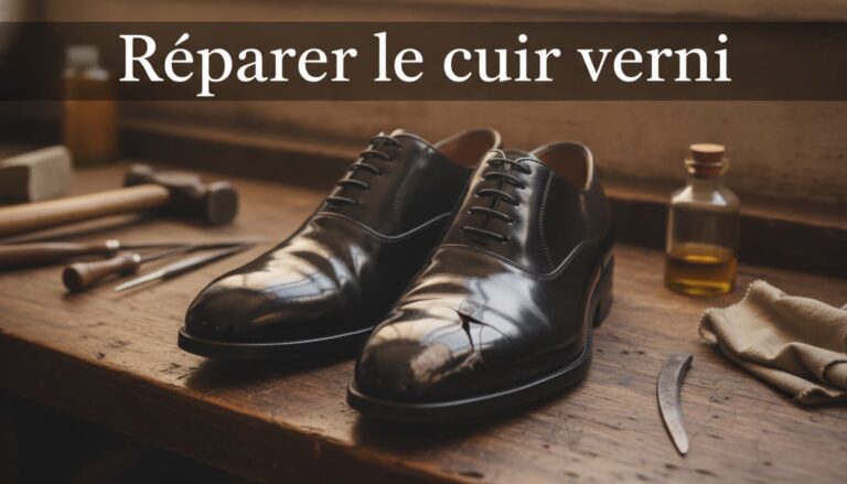 Des chaussures en cuir verni noir au bout usé posées sur un établi de cordonnier avec des outils floutés en arrière-plan et le texte 'Réparer le cuir verni' en surimpression.