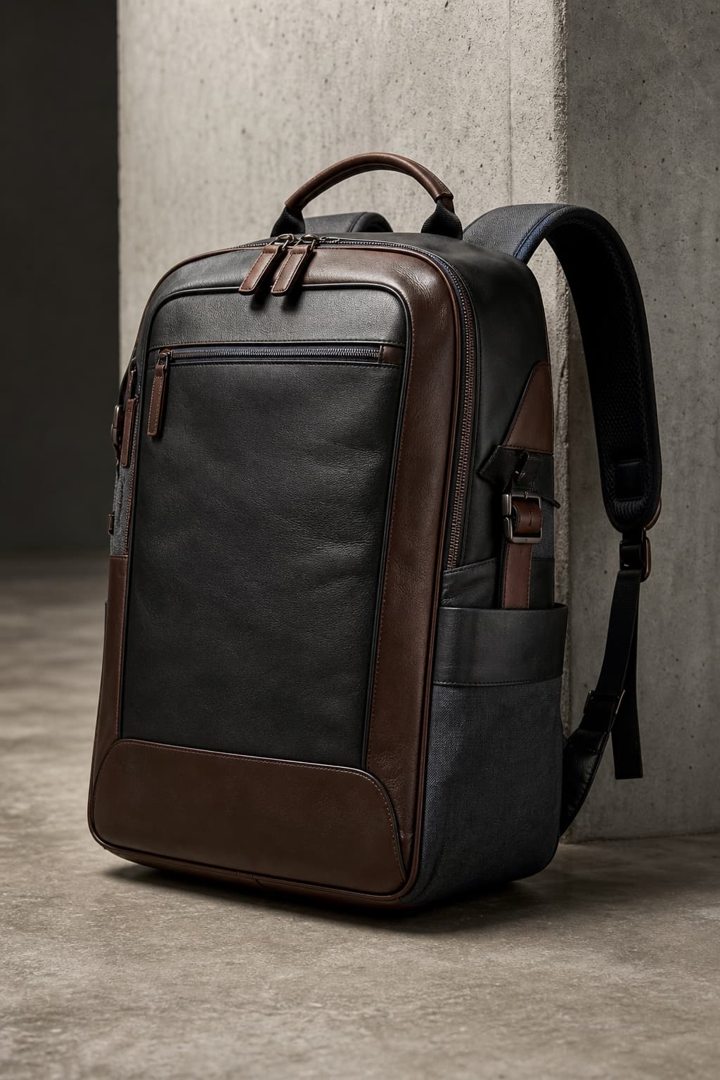 Sac à dos en cuir pour homme dans un cadre architectural minimaliste