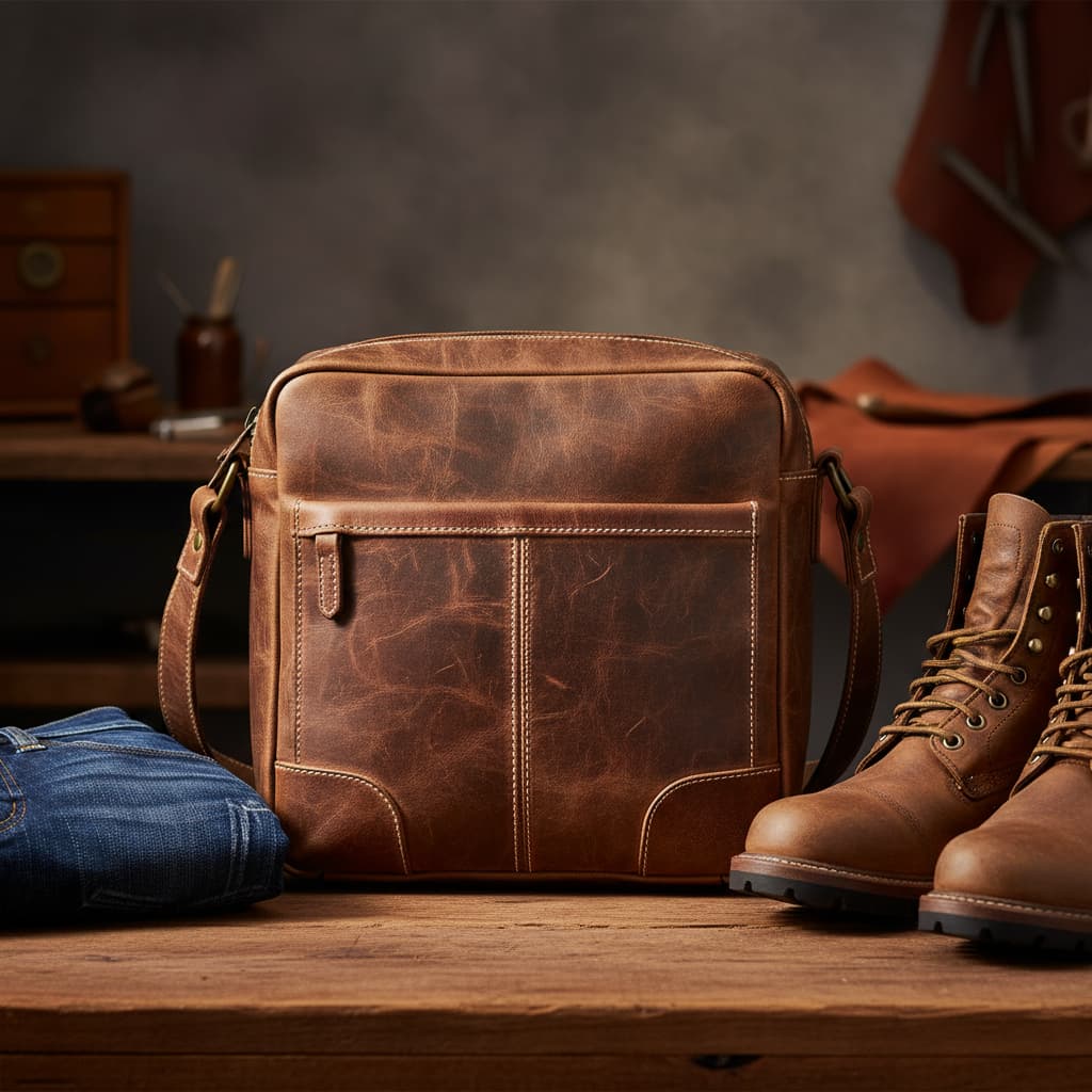 Sac en cuir brun vieilli posé sur une surface en bois à côté d'un jean bleu foncé et de bottes de travail en cuir.