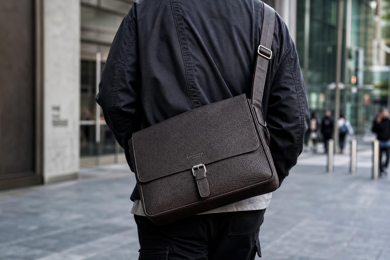 Sac messager en cuir grainé porté en bandoulière par un homme en tenue décontractée