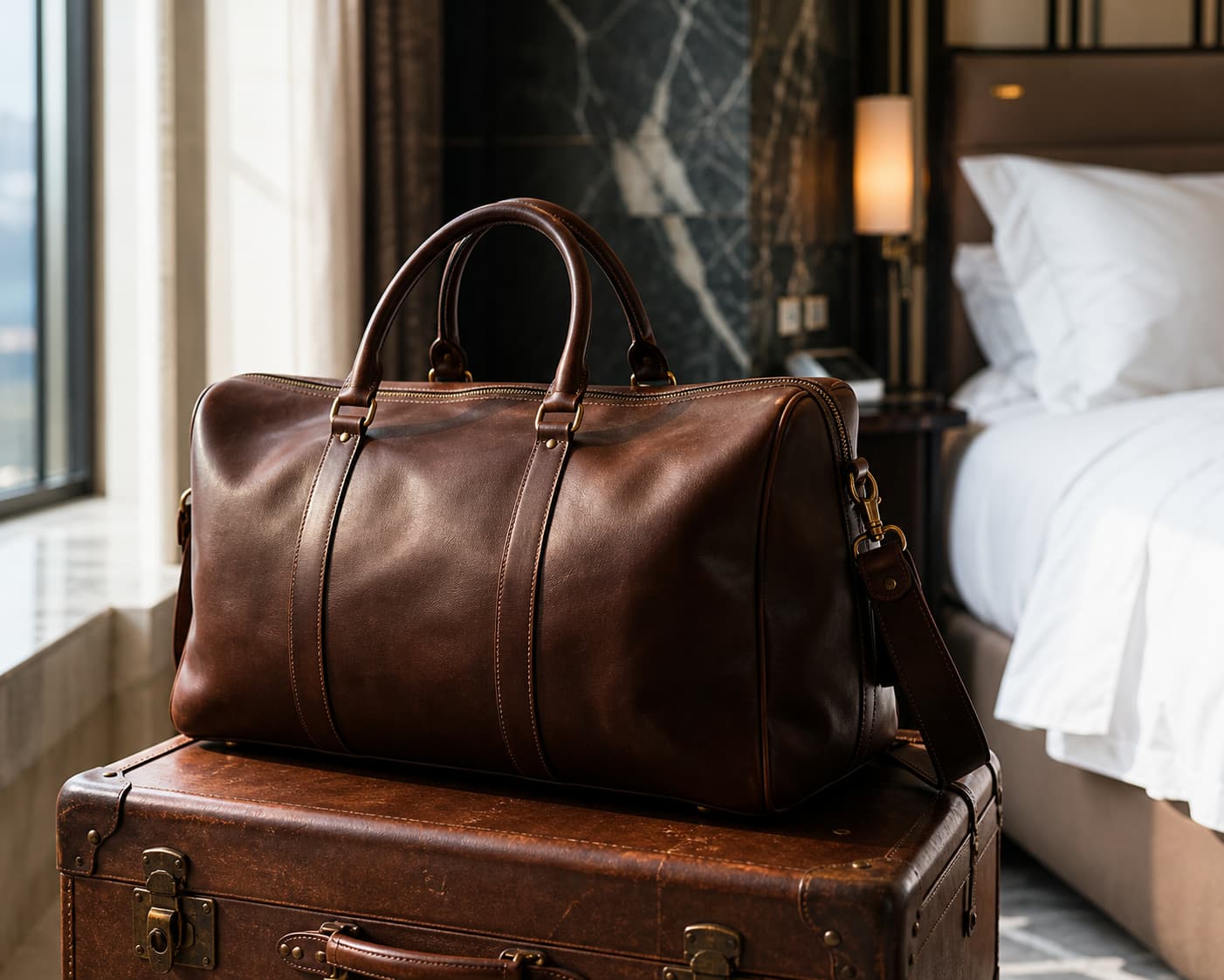 Sac de voyage en cuir luxueux posé sur une valise vintage dans une chambre d