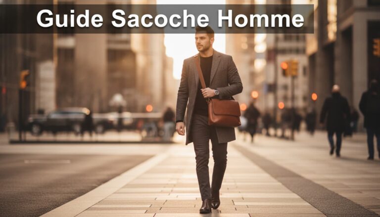 Un homme élégant portant une sacoche en cuir en bandoulière marche dans une rue moderne baignée par la lumière dorée du soleil couchant, avec un bandeau sombre affichant le texte Guide Sacoche Homme.