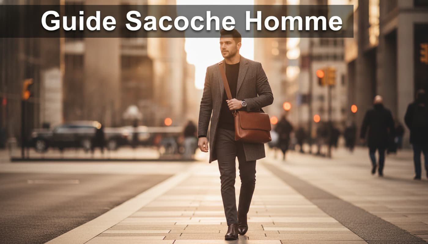 Un homme élégant portant une sacoche en cuir en bandoulière marche dans une rue moderne baignée par la lumière dorée du soleil couchant, avec un bandeau sombre affichant le texte Guide Sacoche Homme.