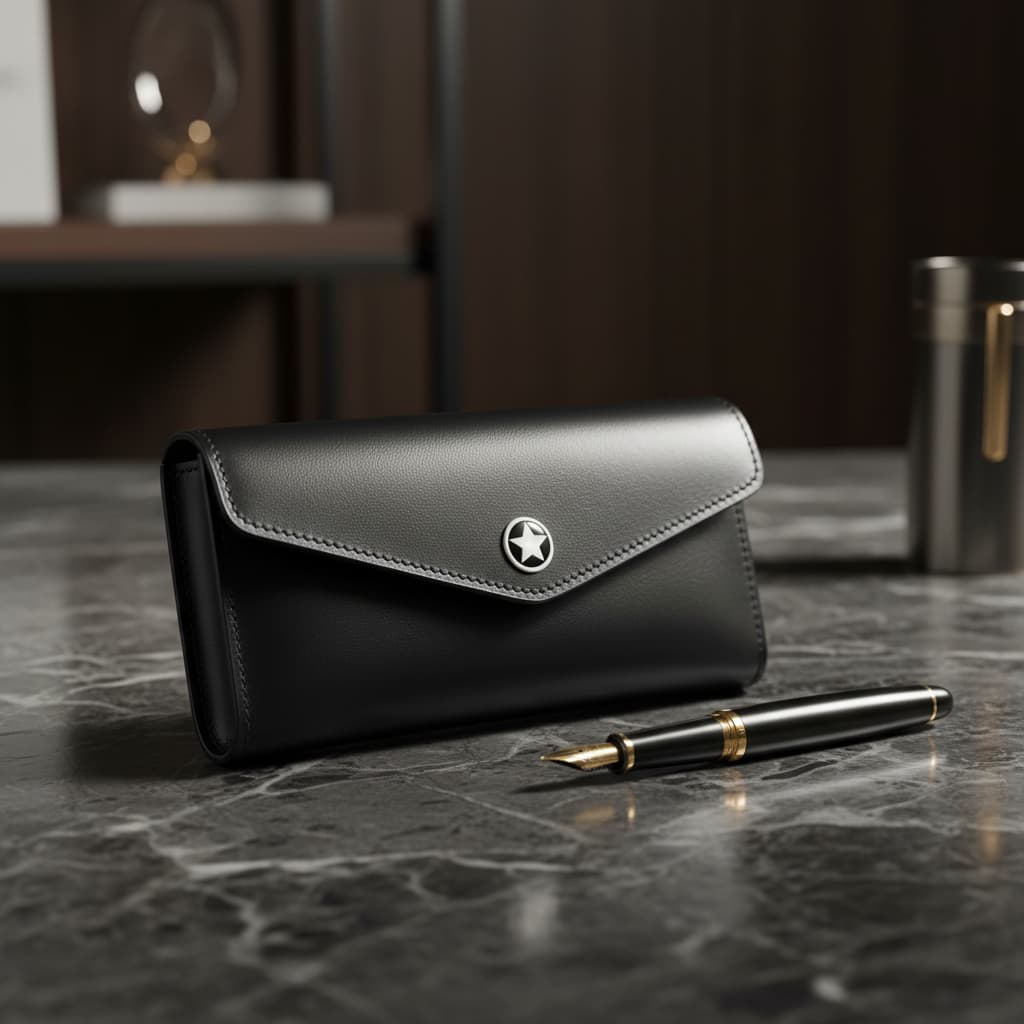 Pochette en cuir noir lustré avec emblème étoile blanche posée à côté d'un stylo sur une surface en marbre foncé.