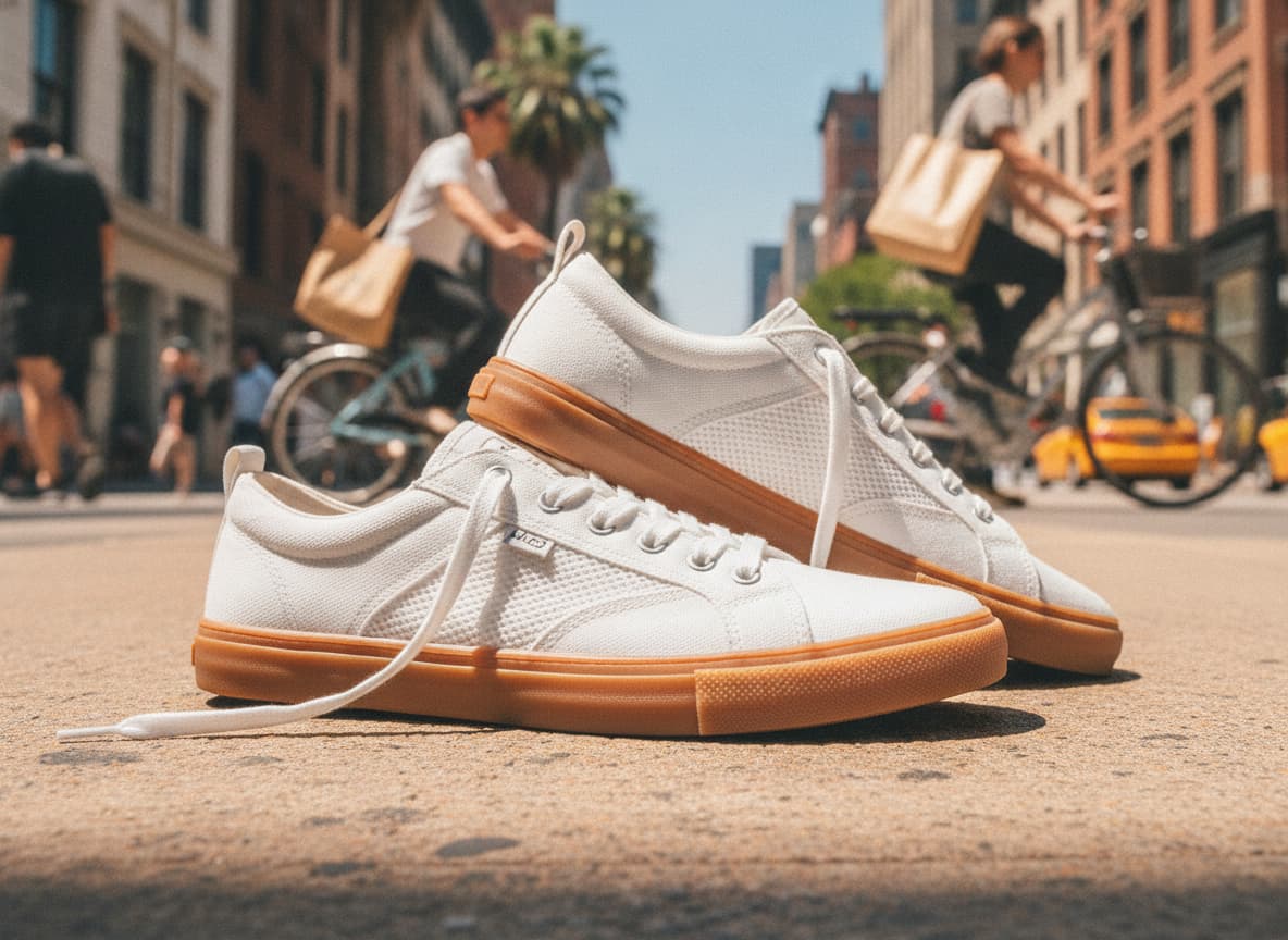 Des sneakers basses en toile blanche à semelle en gomme, posées sur un trottoir ensoleillé avec un flou de mouvement urbain en arrière-plan.