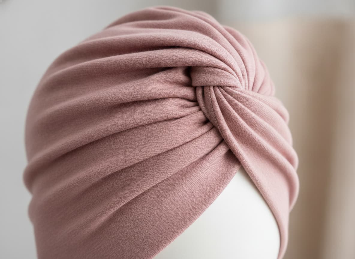 Gros plan sur un turban en tissu rose dahlia, pré-noué et drapé avec élégance, mettant en valeur le volume, la texture douce et les plis délicats, sur fond neutre avec éclairage de studio.