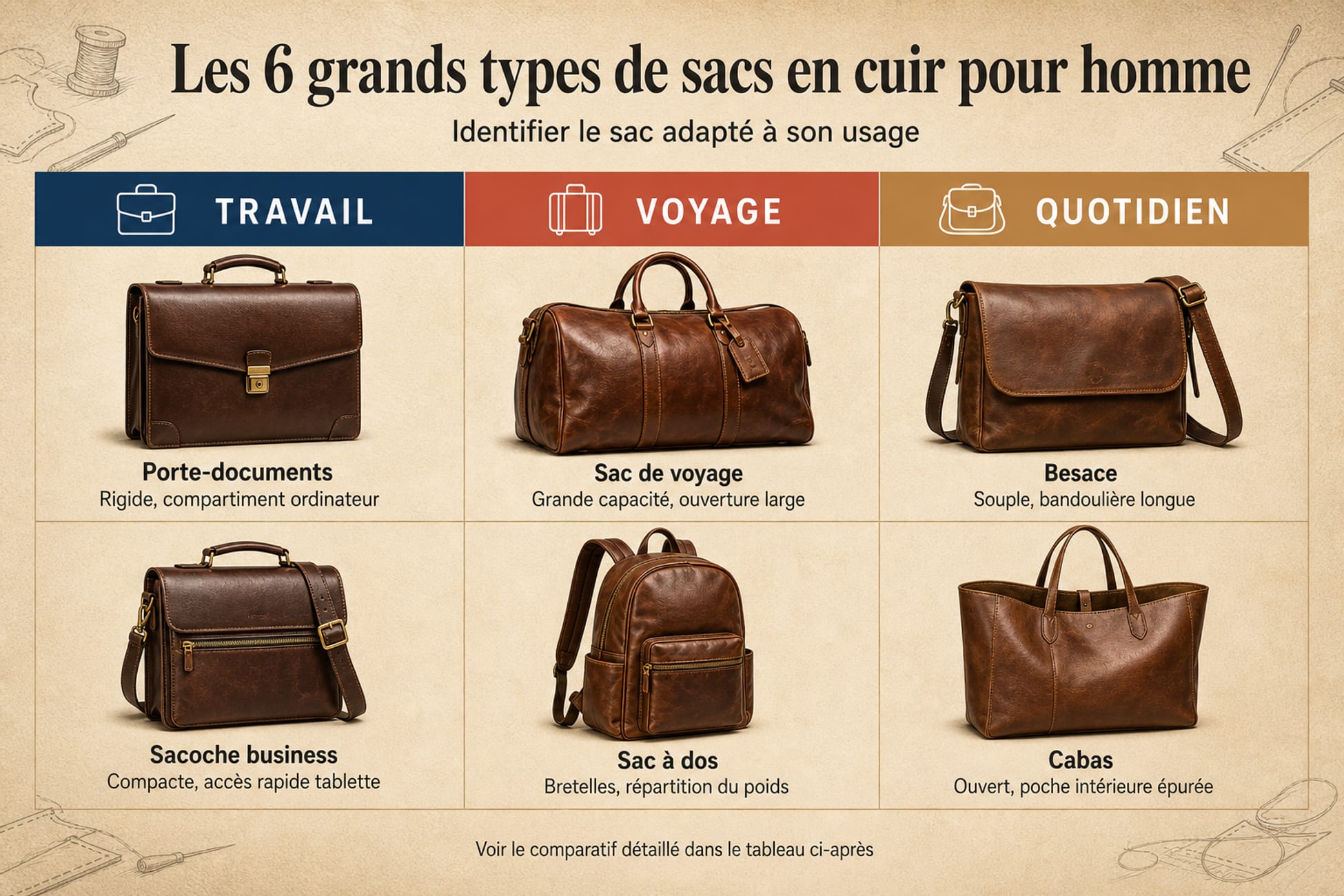 Typologie visuelle des 6 types de sacs en cuir pour homme par usage