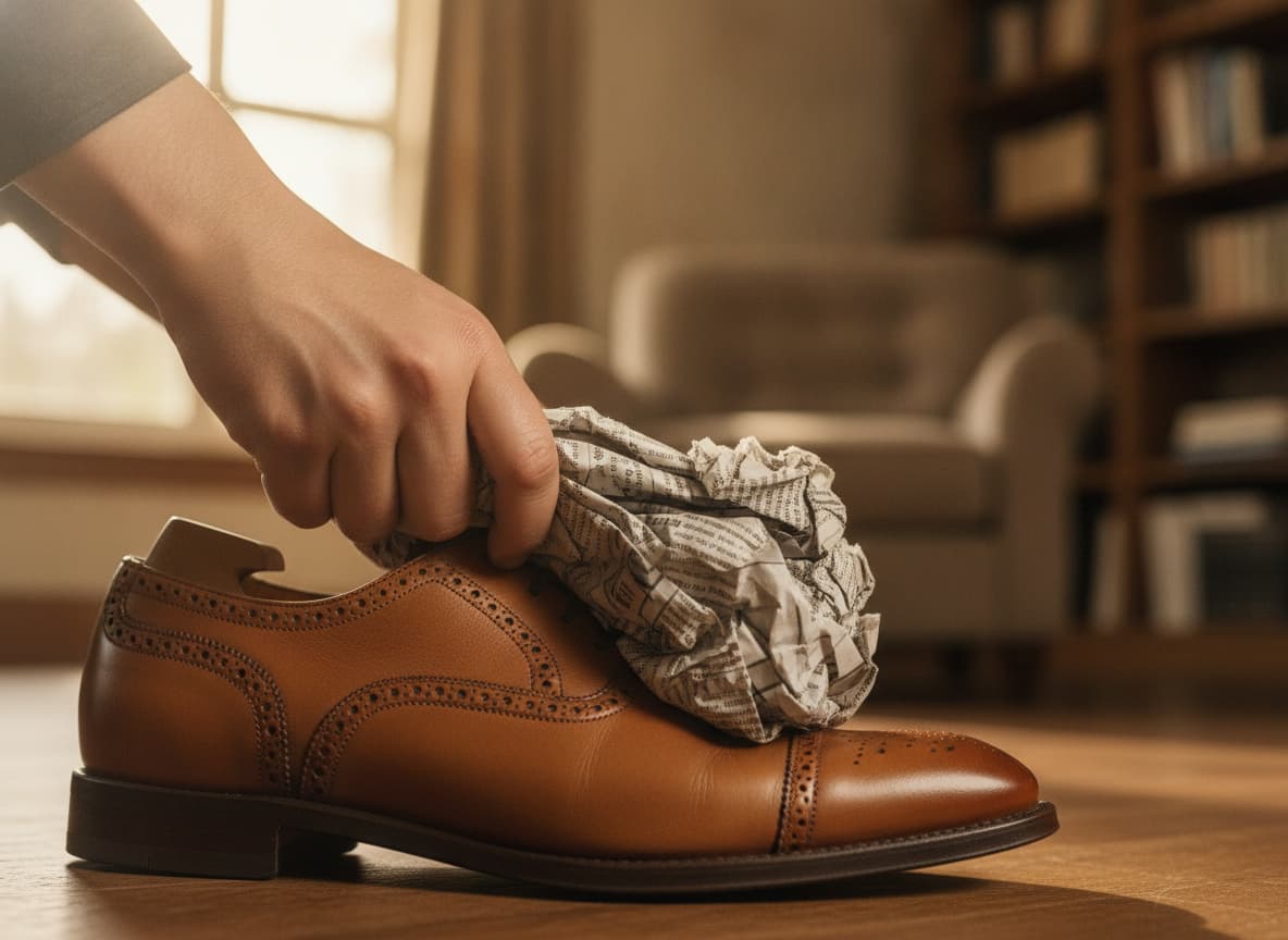Gros plan sur des mains qui bourrent soigneusement du papier journal humide dans une chaussure en cuir, avec un éclairage chaleureux venant d’une fenêtre latérale et un arrière-plan flou évoquant un intérieur confortable.