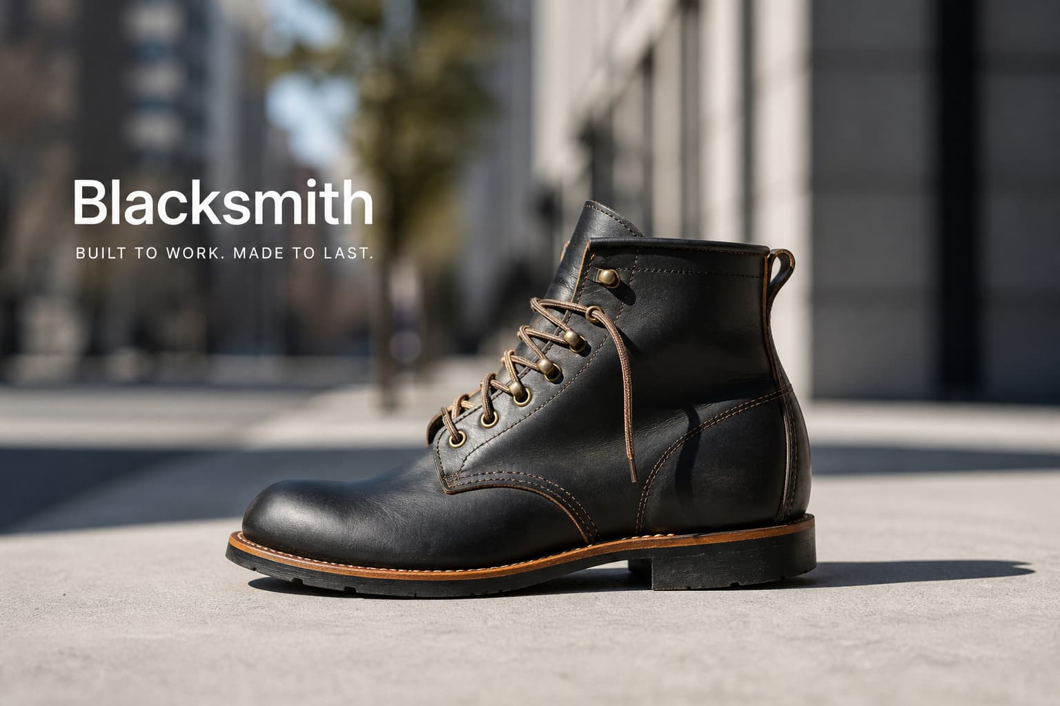 Botte Red Wing Blacksmith sur une surface en béton, avec un arrière-plan flou de ville moderne et le texte