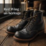Paire de bottes Red Wing usées avec une riche patine, posées sur un plancher en bois rustique, lumière naturelle douce, faible profondeur de champ, texte superposé 'Red Wing : un héritage' avec ombre portée sur fond sombre semi-transparent.